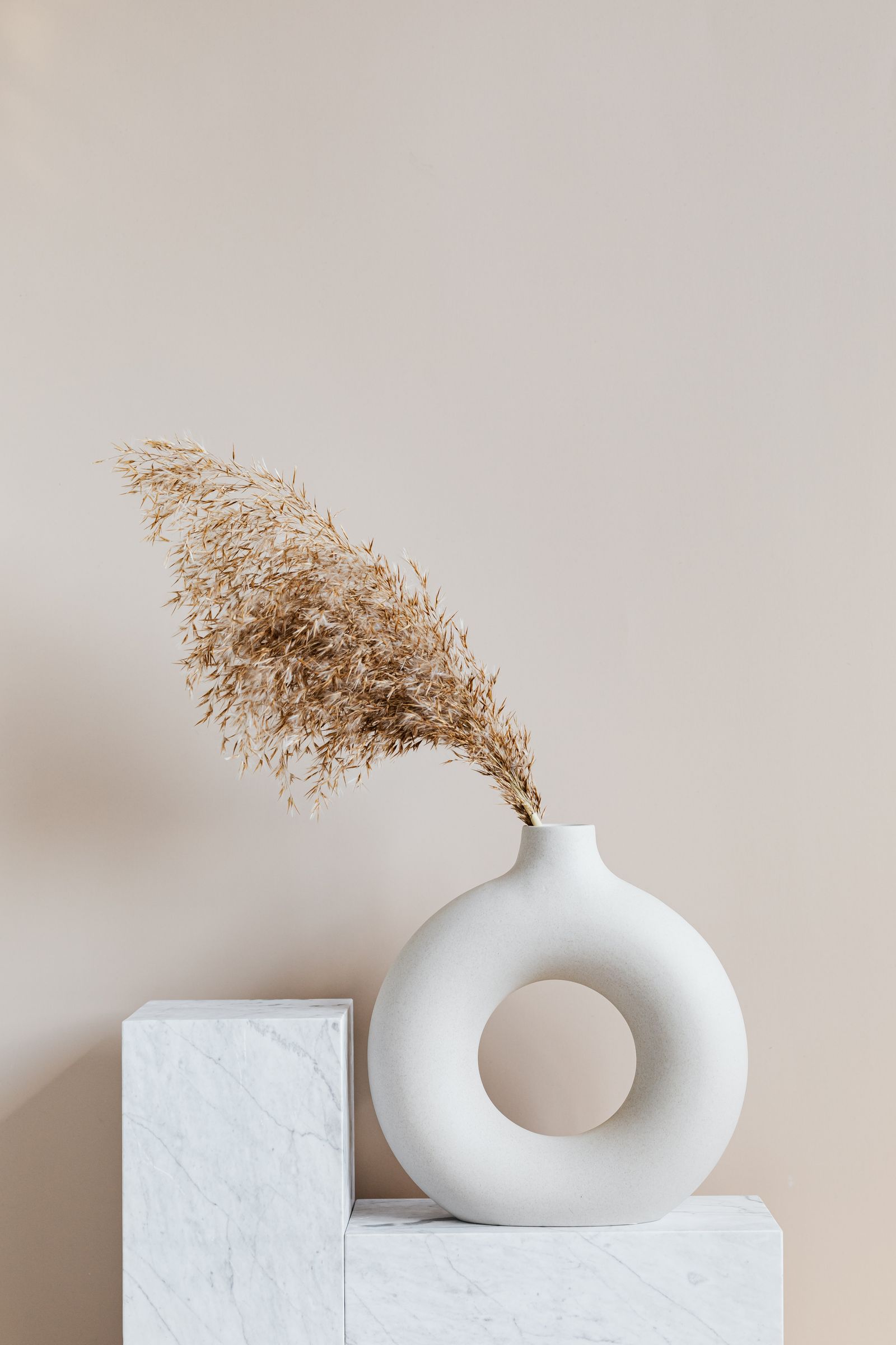 Dried grass in a sculptural vase against a warm wall